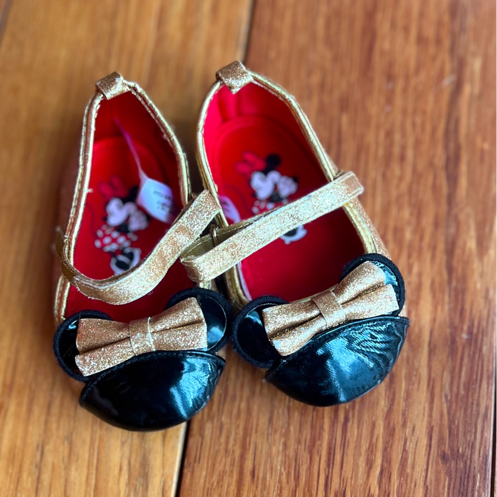 Darling Minnie Mouse Ear Disney Gold Sparkle Bow Toddler Baby Girl Shoes 5C